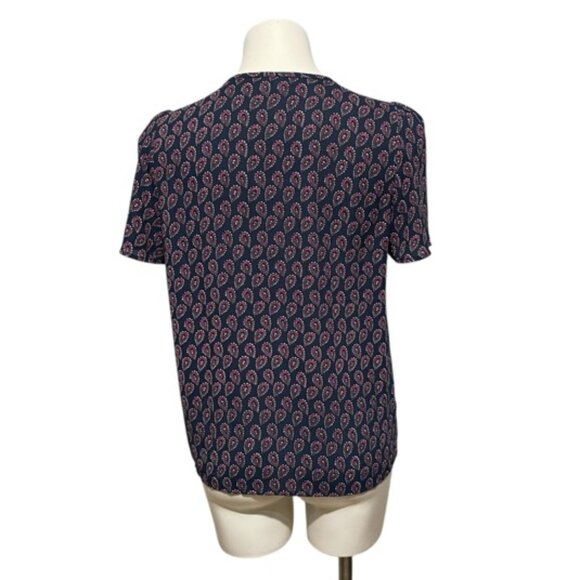 J. Crew Factory Small Short Sleeve V Neck Navy Paisley Print Blouse - Picture 4 of 6